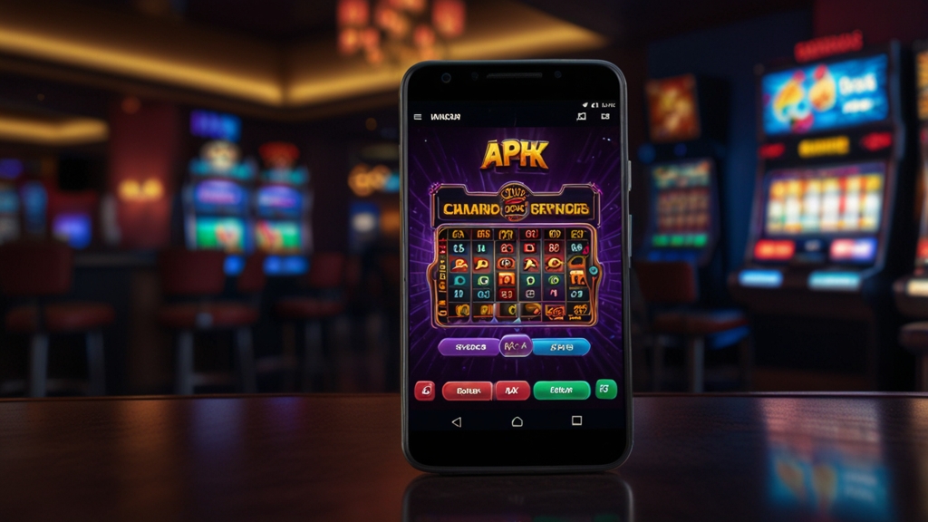 Android-telefoon met een APK-downloadscherm in een casino-achtige omgeving