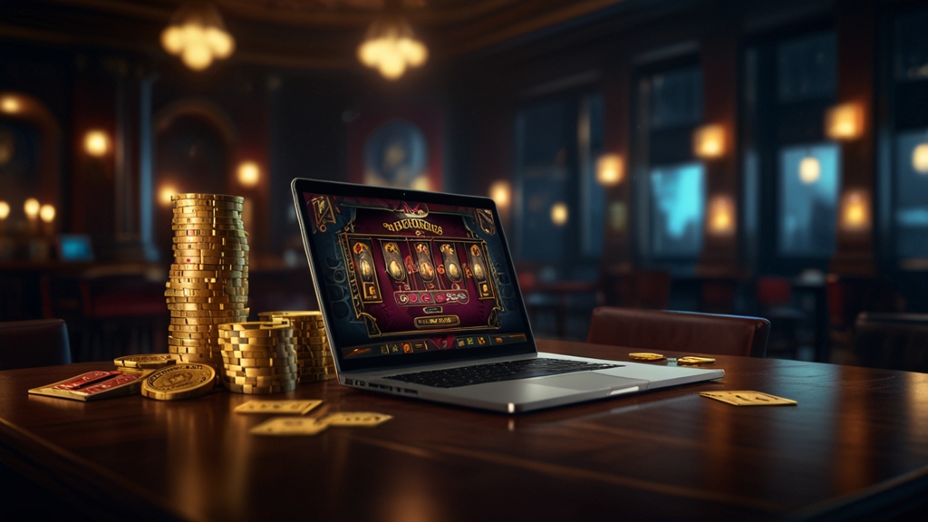 Casinozaal met bonusbanners, speelkaarten en een laptop met promoties