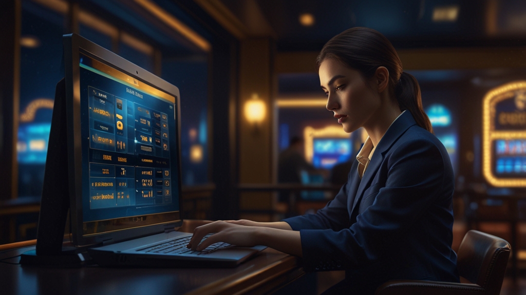 Speler volgt een opnameproces op laptop in een donker casino-beeld