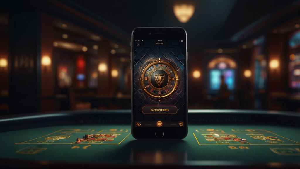 Smartphone met veiligheidscontrole voor een casino-download in een donkere setting